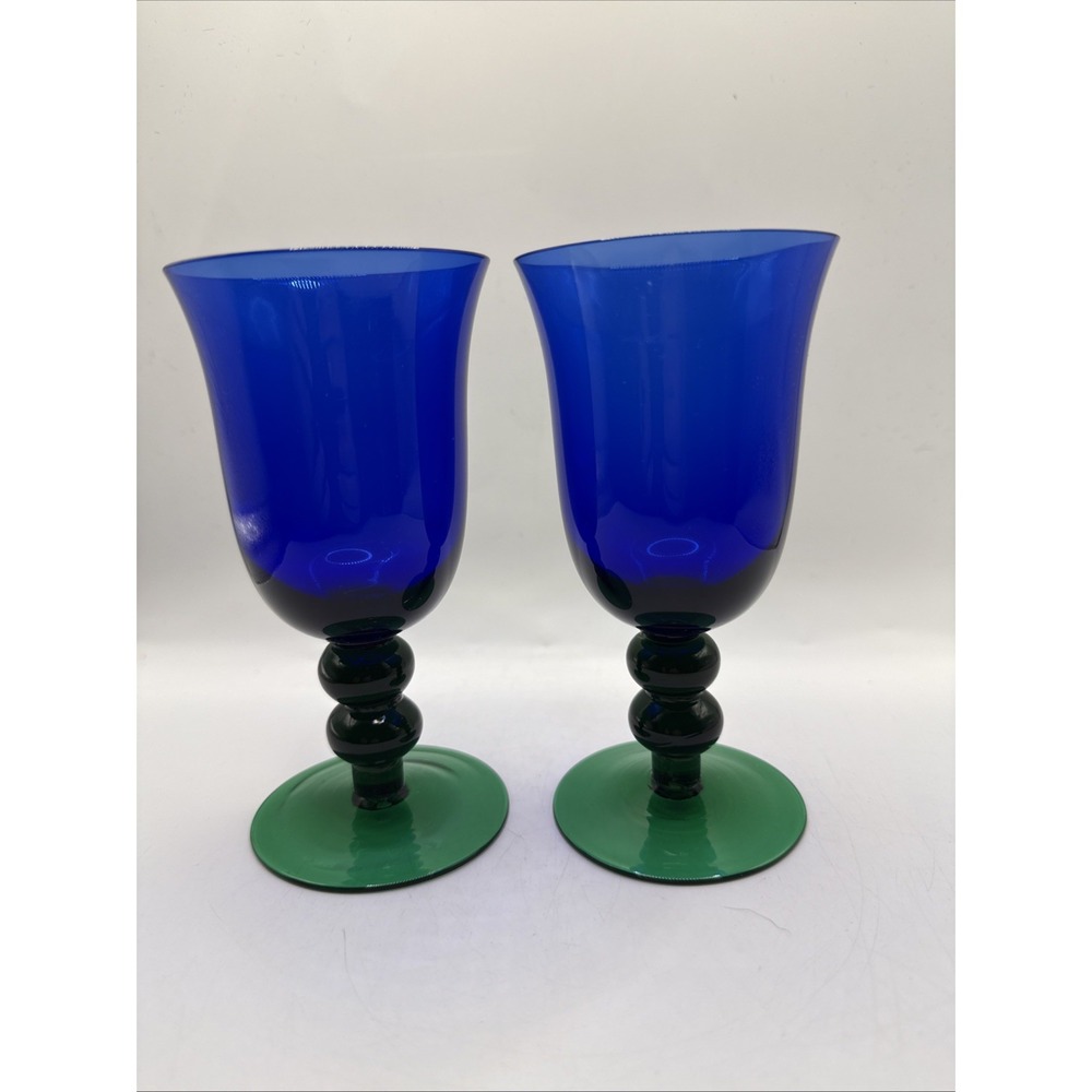 2-Vtg~Cobalt Blue Green Stem ~Bell‎ Shape ~Hand Blown ~Glass/Goblet/Flutes